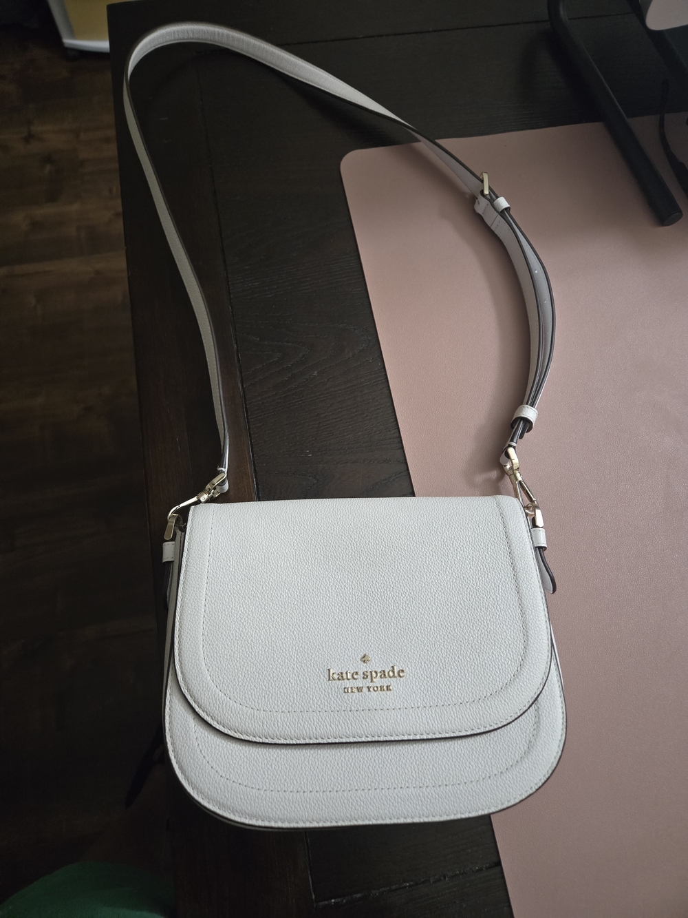 kate spade White Pebbled Leather Crossbody Saddle Bag with Gold Logo